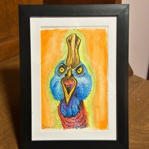 Colorful Cassowary signed original watercolor Art in Blue and Orange
